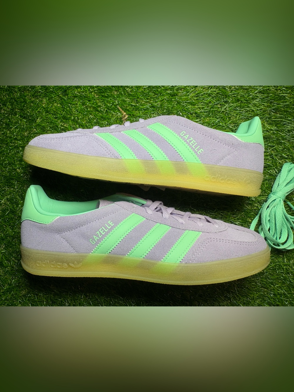 adidas Gazelle Lavender Suede Sneakers with Neon Green Stripes women’s 8